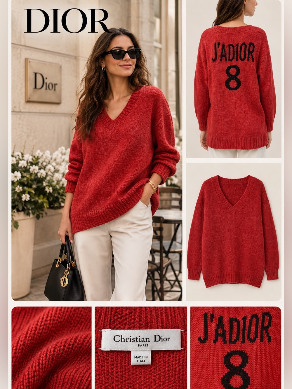 CHRISTIAN DIOR 100% cashmere red black J'Adior 8 oversized sweater FR34 XS